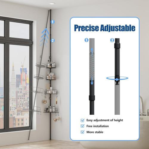 HOUSE AGAIN Corner Shower Caddy Tension Pole with Rotatable Shelves, 4 Ties Adjustable Shelves and 2 Hooks for Bathroom, Rustproof Shower Organizer and Storage, Pole Fit 43-114 Inch Height