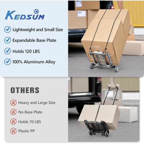 KEDSUM Mini Luggage Cart with Wheels Foldable, Lightweight Trolley Cart with Wheels, Expandable Baseplate Foding Hand Truck, 120 LBS Portable Dolly for Airport, Travel and Moving, 100% Aluminum