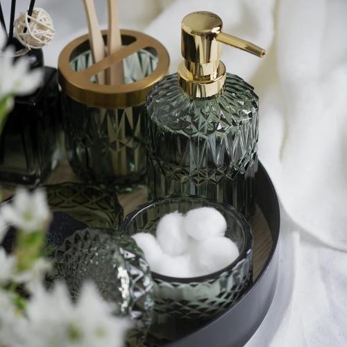EMPO 6PCS Bathroom Clear Glass Accessories Set (Lotion Soap Dispenser, Soap Dish, Toothbrush Holder, Tumbler, Cotton Swab Jar), Contemporary Modern Decor Crystal Vintage Gift (6pcs Green)