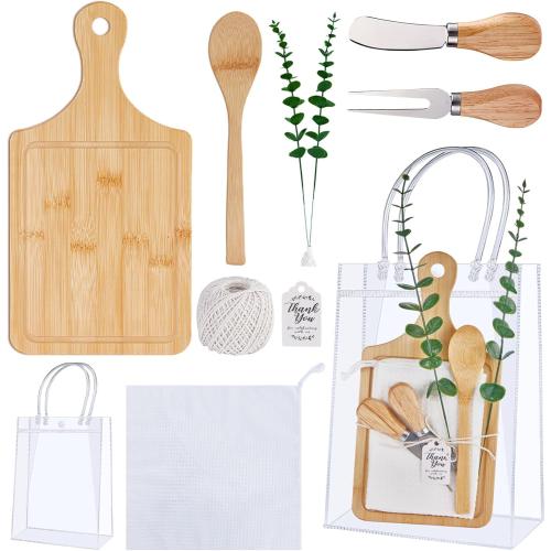 Baby Shower Prizes for Game Winners Bamboo Cheese Board Spoon Fork Butter Spreaders Plaid Towel Thank You Card and Gift Bags for Baby Shower Wedding Bridal Shower Favors (Bamboo, 1 Set)