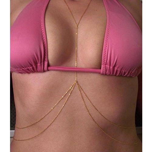 14K Gold Plated Body Chain for Women, Rhinestone Layered Belly Waist Chain, Adjustable Crossover Bikini Bra Body Jewelry with Extension Chain
