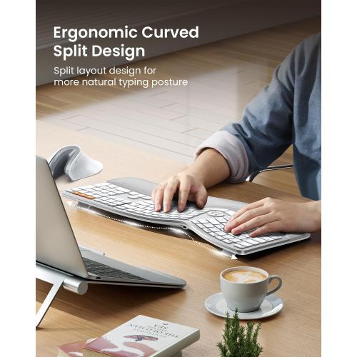 ProtoArc Backlit Bluetooth Ergonomic Keyboard, EK01 Plus Full Size Wireless Split Keyboard with Dual Bluetooth and USB, Cushioned Wrist Rest, Rechargeable, for Windows/Mac/Android, White and Silver