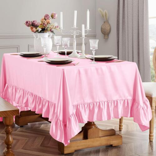 Vonty Ruffle Tablecloth Pink Satin Tablecloth - 60 x 102, Silky Table Cloth Rectangle Scalloped Table Cloth Farmhouse Tables Cover Silk Tablecloths Vintage Tables Skirt for Kitchen Dining
