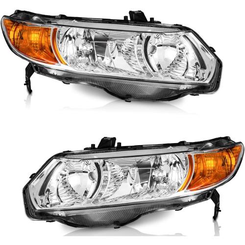 for 2006-2011 Honda Civic 2-Door Coupe Headlight Assembly Pair Headlamp Chrome Housing Amber Reflector Left Right Side