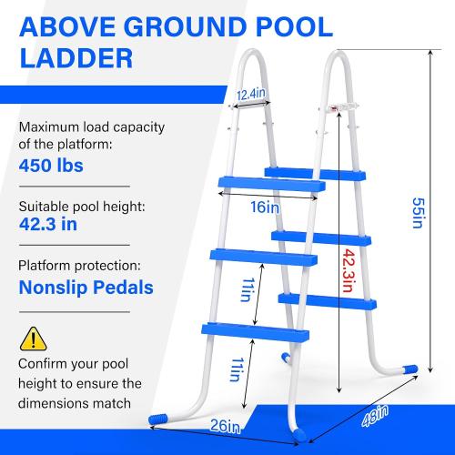 Heavy Duty Steel Frame Swimming Pool Ladder for Above Ground Pools, 3-Step Double-Sided Pool Stairs for 42 Height Pools, 450lbs Capacity with Anti-Slip Rubber Feet & Wide Steps