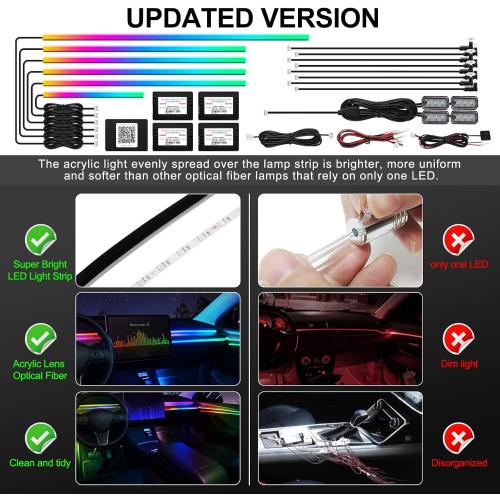 Dreamcolor Acrylic Interior Car LED Strip Light with Wireless APP, RGB 18 in 1 with 175 inches 593 LEDs Fiber Optic Ambient Lighting Kits, 16 Million Colors Sound Active Function Car Neon Lights