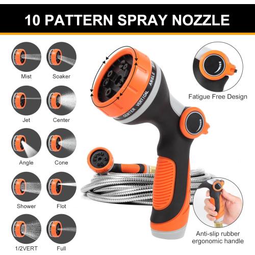 Metal Garden Hose 50 ft with 10 Function Sprayer Nozzle, Lightweight Stainless Steel Water Hose with 3/4 Solid Fittings, Flexible Kink Free Leak Proof for Yard, Patio, Outdoor & Car washing