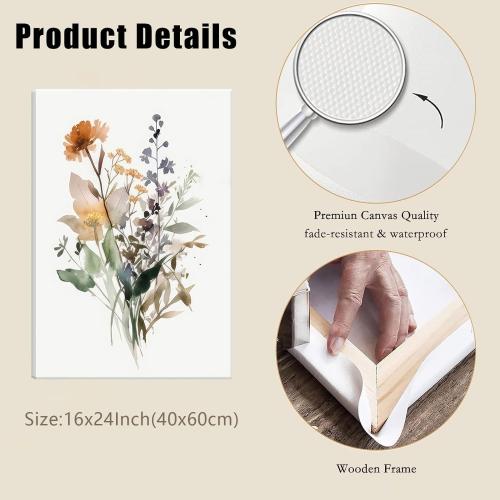 Bwodke Framed Wildflower Wall Art Colorful Botanical Floral Poster Canvas Prints Set of 3 Minimalist Watercolor Flower Pictures Vintage Farmhouse Decor Painting Bedroom Bathroom Living Room 16x24