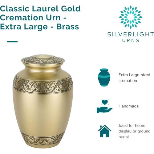 Classic Laurel Gold Cremation Urn for Ashes - Extra Large, Brass, Gold Companion Urn, Extra Large Adult Sized Cremation Urn, 11.625 Inches High