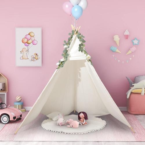 White 7' Large Teepee Tent for Adults, Play Tent with Carry Bag, 5 Sides Canvas Kids Teepee Tent Indoor & Outdoor Tents for Party, Wedding, Photo Prop, White