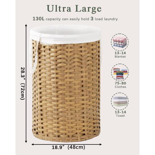 SETVSON 34.3 Gal (130 L) Large Laundry Hamper Laundry Basket Round Handwoven Wicker Laundry Baskets Rattan Laundry Basket with Removable Bag Handles 2 Mesh Bags for Living Room Bedroom Natural(No Lid)