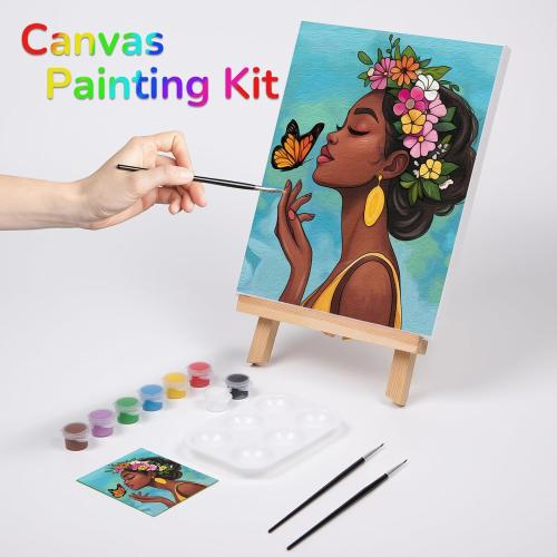 VOCHIC Pre Drawn Canvas for Painting for Adults Paint and Sip Kit Painting Party Supplies 8 Acrylic Colors,3 Brushes,1 Palette Art Set Flower Girl 8x10 in