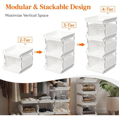 Lifewit Plastic Stackable Storage Baskets, 4 Tier Stacking Bins for Food and Clothes, Multifunctional Organizer for RV, Kitchen, Playroom, Pantry and Bathroom, 13.8D x 11.8W x 28.3H, 1 Pack, White