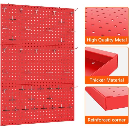 TORACK 3 PCS Metal Pegboard Panels(12x24 inch) for Wall Garage Tools Storage Pegboard System for Workbench, Modular Peg Board Tool Organizer Board Kit(Pack of 3, Red)