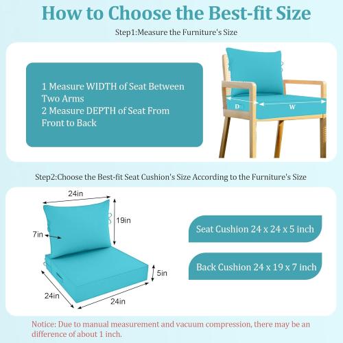 Outdoor Chair Cushion, 24 x 24 Inch Waterproof Deep Seat Patio Cushions Set of 2, Loveseat Cushions for Outdoor Furniture, 4 Thick Patio Furniture Cushion with Handle Straps, Lake Blue