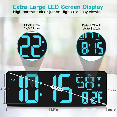 XREXS 17.2 Inch Large Digital Wall Clock with Remote Control