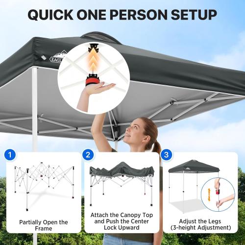 EAGLE PEAK 6.6x6.6 Pop Up Canopy Tent Easy Up Canopy Outdoor, Gray | Patented PeakPush™ Center Lock, 1 Person Setup Portable Pop Up Tent, Beach, Markets, Camping Sport Events, Wheeled Carry Bag