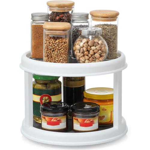 2 Tier 10 Turntable Lazy Susan Spice Organizer - Rotating Seasoning Rack for Pantry Cabinet Kitchen Countertop, Table Top Organizing - Multiuse Two Tier Rotating Organization Rack Spinner