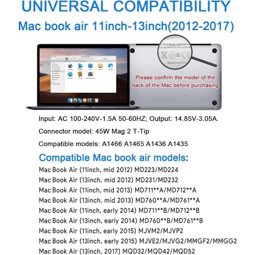 Mac Book Air Charger,Replacement for 45W T-Tip Power Adapter,Compatible with Mac Book Air 11 inch & 13 inch Between 2012-2017