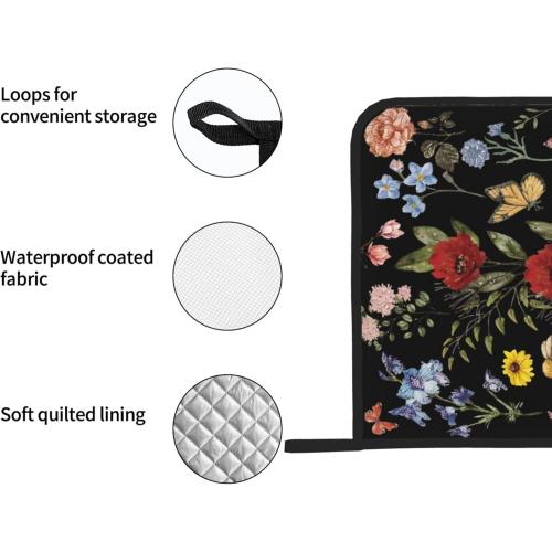 Vintage Wild Floral Pot Holders Set of 2 Retro Rose Sunflower Kitchen Decorative Heat Resistant Potholder Cotton Lining Oven Hot Pads for Cooking Baking Microwave Oven End Dishes BBQ Gifts