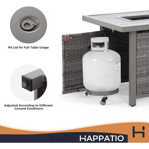 Size 42 Color Grey Fire Pit Table, HAPPATIO 42inch 50000 BTU Propane Fire Pit with Mental Fence Table Top, Lid, Black Glass Rock, CSA Safety Certified for Patio Balcony Backyard (Gray)