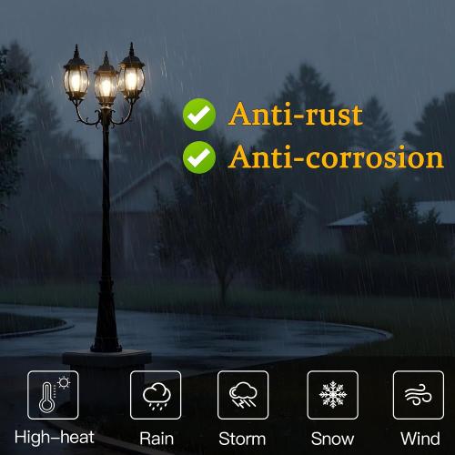 94 Inch 3-Light Post Lantern For Patio Lawn Pathway Triple-Head Post Light For Front Yard Outdoor Street Light 94” Exterior Pole Lights,Aluminium Alloy,Clear Glass Shade,E26(Bulbs Not Included)