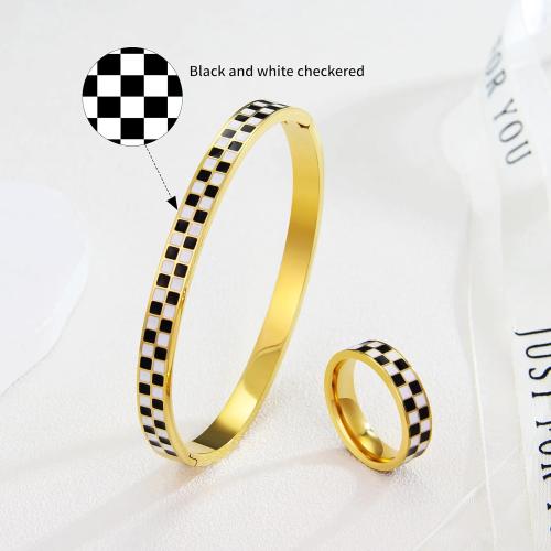 Checkered Stackable Jewelry Set: Black & White 316L Stainless Steel Bracelet & Ring | Non Tarnish Geometric Gift for Women | Hypoallergenic Unisex Gift (2-Piece)