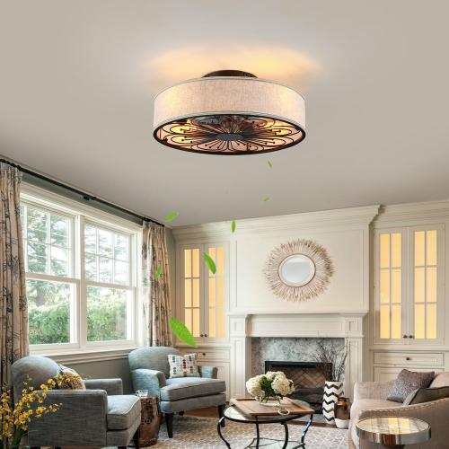 20 Boho Rattan Caged Ceiling Fan with Light,Low Profile Flush Mount Bladeless Ceiling Fan with Remote Control, 6 Speeds Reversible Silent Motor, Farmhouse Fabric Fandalier for Bedroom,Living Room