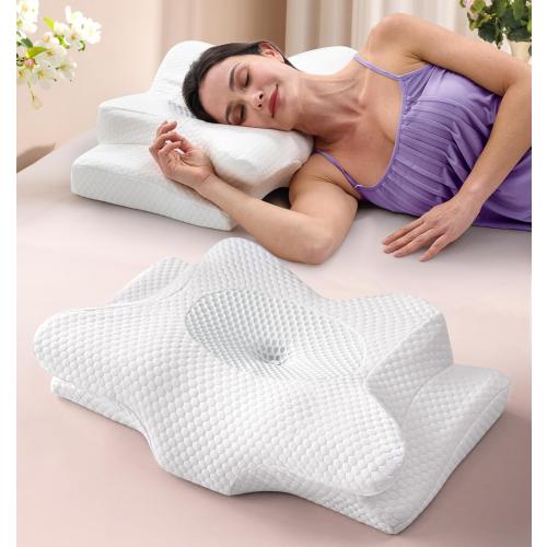 Cervical Neck Support Pillow for Side Sleepers, Orthopedic Contour Memory Foam Pillow for Neck Relief, Ergonomic Sleeping Pillow for Back and Stomach Sleepers, Cooling Pillow for Sleeping, White