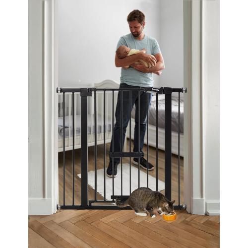 BABELIO 36 Inch Extra Tall Baby Gate with Cat Door, 29-48 Auto Close Pet Door for Stairs, Doorways and House, with Wall Cups, Black