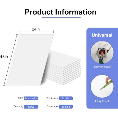 Smooth Drop Ceiling Tiles 2ft x 4ft - Waterproof, Fire-Rated, Easy Drop-in Installation - Premium PVC to Prevent Breakage - Ceiling Tiles 24 x 48, 10-Pack Cover 80 Sq. Ft, White