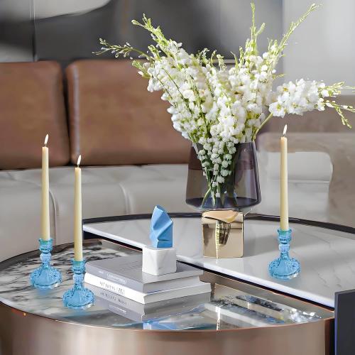 Set of 6 Color Blue Glass Candlestick Holder,Striped Taper Candle Holders,Set of 6 Candle Stand for Table Centerpieces, Home Decor,Weddings,Festival and Parties (Blue Stripe Pattern)