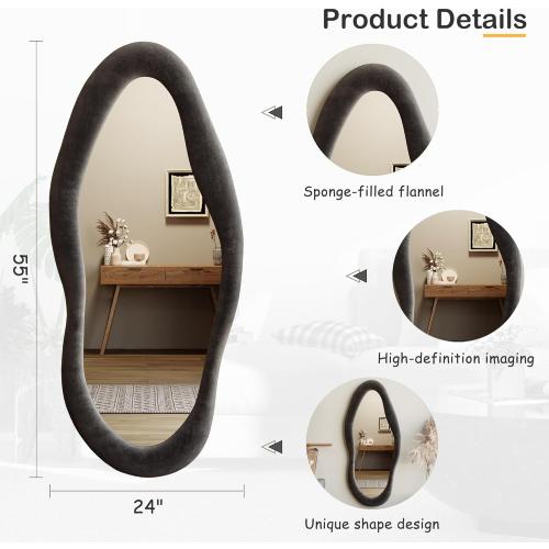 Honyee 55 x 24 Wavy Mirror, Flannel Wrapped Wooden Frame, Irregular Hanging for Cloakroom/Bedroom/Living Room, Black