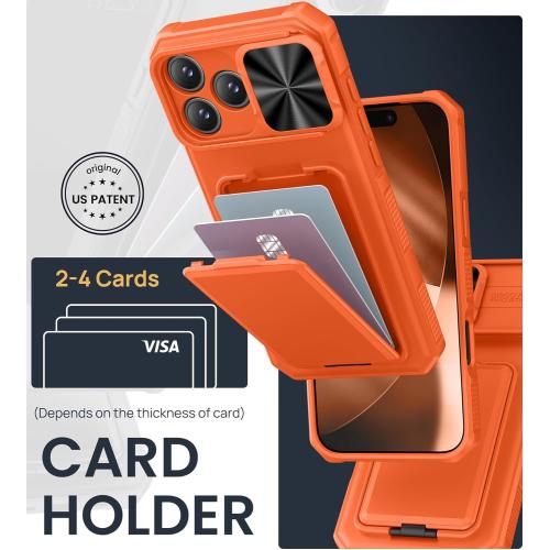 SSLOTSCASE for iPhone 17 Pro Max Case with Card Holder & Camera Stand & Kickstand & Slide Camera Lens Cover & Wallet, Military-Grade Heavy Duty Phone Case Cover for iPhone 17 Pro Max 6.9'', Orange