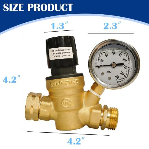 Hourleey RV Water Pressure Regulator, Adjustable Handle Brass Water Pressure Regulator, Water Pressure Reducer with Gauge and Inlet Screened Filter for RV Camper Travel Trailer