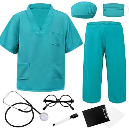 Size 120 Doctor Costume for Kids & Toddlers 9Pcs Scrubs Set for Boys & Girls Ages 3-12, Halloween, Career Day, Dress-Up Play