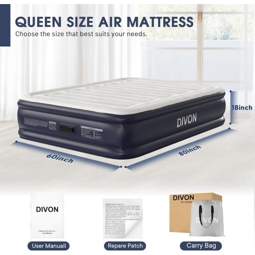 Beige and Navy Blue Air Mattress With Built In Pump, Raised Blow Up Mattress 2 Mins Self-Inflation/Deflation,Upgraded Thicker Inflatable Mattress，Air Bed with Storage Bag for Guests,Home，Camping，660 lbs Max