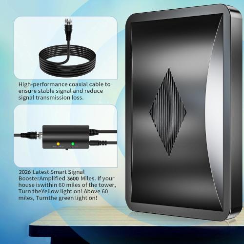 2026 Upgraded TV Antenna Indoor, 3600  Miles Long Range HDTV Antenna for Smart TV Indoor, Digital Antenna for Local Channels 4K 1080P with Amplifier Signal Booster -38 FT Thick Coaxial Cable