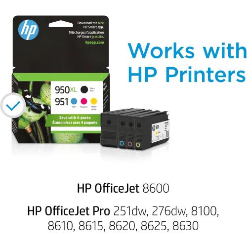HP Original 951 Cyan, Magenta, Yellow / 950XL Black Ink Cartridges (4-Pack) | Works OfficeJet 8600 Series OfficeJet Pro 251dw, 276dw, 8100, 8600 Series | Eligible for Instant Ink | C2P01FN