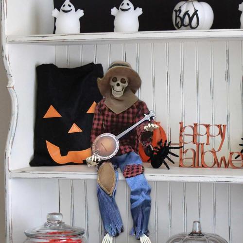 Color Red and yellow plaid Halloween Banjo Playing Skeletons - Dueling Poseable Skeletons with Light, Red & Yellow