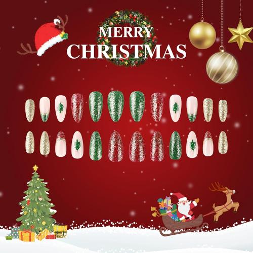 24Pcs Christmas Almond Fake Nails Short Press on Nails Pink Green Golden Acrylic Nails French Tip with Xmas Tree Glossy Glitter Glue on Nails Winter Stick on Nails Christmas Nails for Women