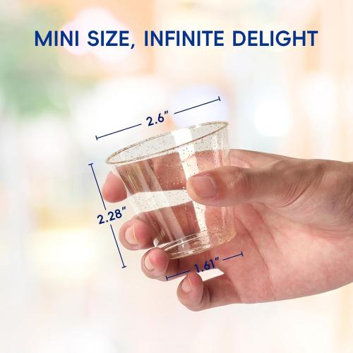 JOLLY CHEF 5 oz 100 Pack Small Glitter Disposable Cups, Glitter Plastic Cups, Disposable Plastic Shot Glasses Perfect for Parties Halloween Thanksgiving Christmas