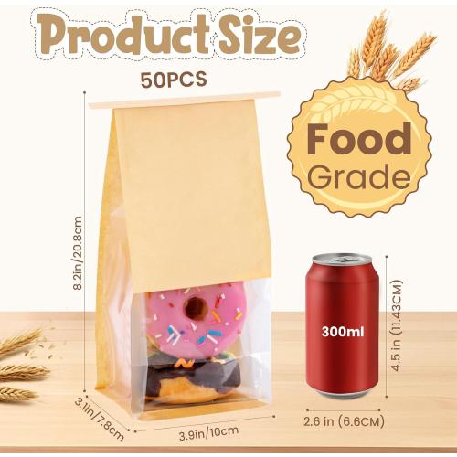 HONKID Cookie Bags with Seal, 50 Pack 3.9x3.1x8.2 Inches Small Bakery Bags with Window Tin Tie Tab Lock Resealable Cookie Gift Bags for Cookies Donut Baked Goods Packaging