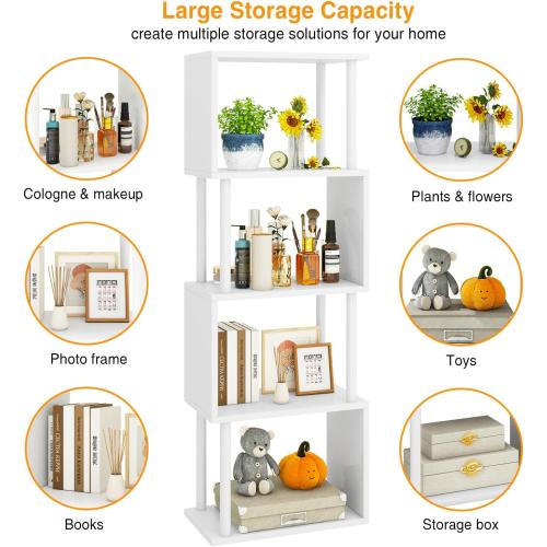 IBUYKE 5-Tier Tall Bookshelf,S-Shaped Geometric Bookcase, Wood Display Shelves with Storage,Modern Bookshelf for Living Room Bedroom, Home Office, White WBC015W