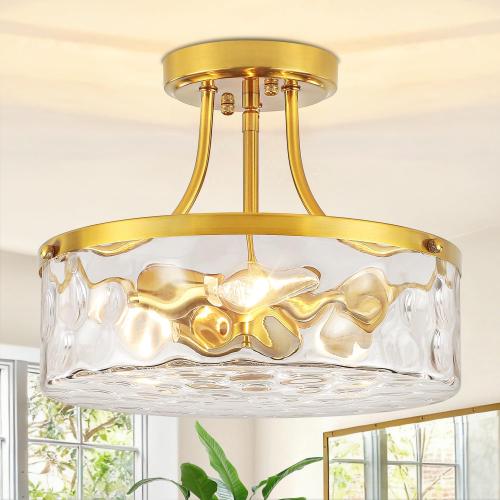 Brushed Gold Semi Flush Mount Ceiling Light Hammered Glass Light Fixture