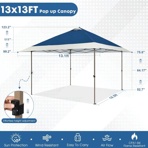 OUTDOOR LIVING SUNTIME 13x13 Instant Easy Pop Up Canopy, Navy | Portable Commercial Gazebo, Camping Gazebo Tent Shelter, Wheeled Roller Carry Bag, Bonus Weight Sandbags, Stakes, Ropes