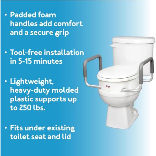 Size 3.5 Compass Raised Toilet Seat with Arms, Elongated Toilets, 3.5 Inch High, Elevated Toilet Riser with Removable Padded Handles, Easy On and Off, Support 250 lbs, White