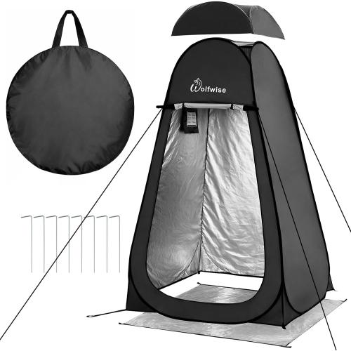 WolfWise PRO Pop Up Shower Tent with Silver Coated, Floor and Rain Fly | Portable Changing Tent with Window & Carry Bag for Camping, Outdoor Privacy Toilet Bathroom with UV Protection, 75/79/83 H