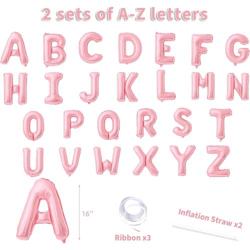 52 Pieces 16 Inches A-Z Letter Balloons – 2 Sets of Alphabet Mylar Balloon (Each Letter Includes 2 Balloons) for Party Decorations, Birthday, Graduation and Hanging Alphabet Banners (Pink)