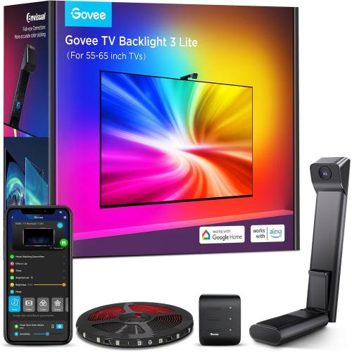 Govee TV Backlight 3 Lite with Fish-Eye Correction Function Sync to 55-65 Inch TVs, 11.8ft RGBICW Wi-Fi LED Strip Lights with Camera, 4 Colors in 1 Lamp Bead, Voice and APP Control, Adapter